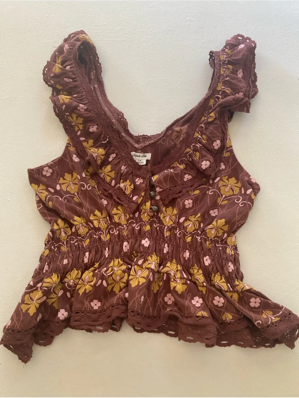 Kimchi Blue Ariel Ruffle Tank Top Brown Floral Boho Blouse Urban Outfitters L - Picture 1 of 16